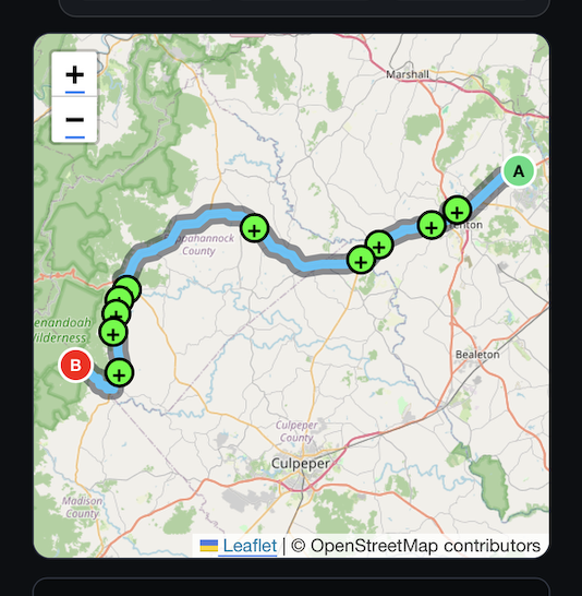 CarPrint trip map with route, start and end markers, and hard acceleration markers.